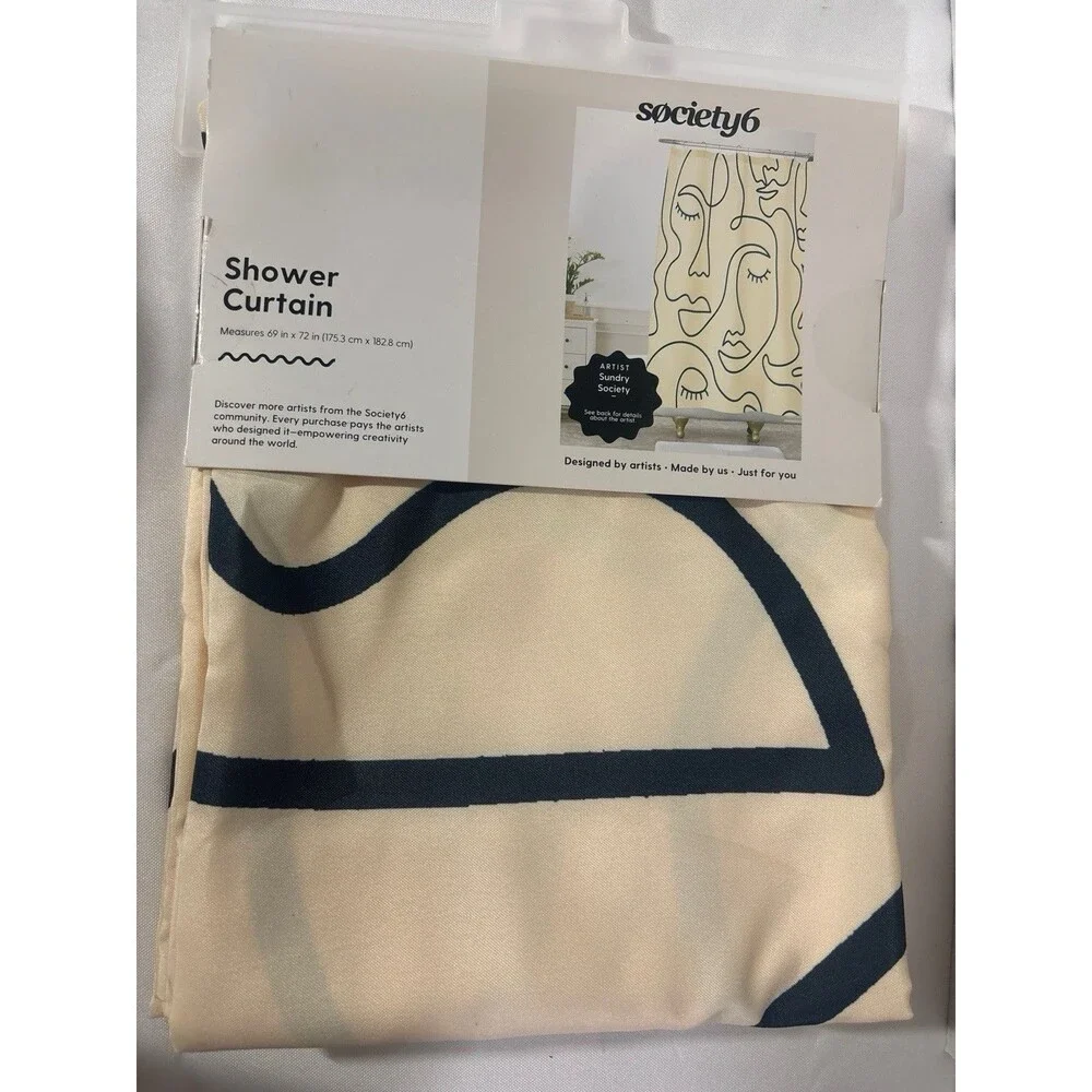 Society6 Abstract Single Line Face Shower Curtain Sundry Society Cream Black NIP